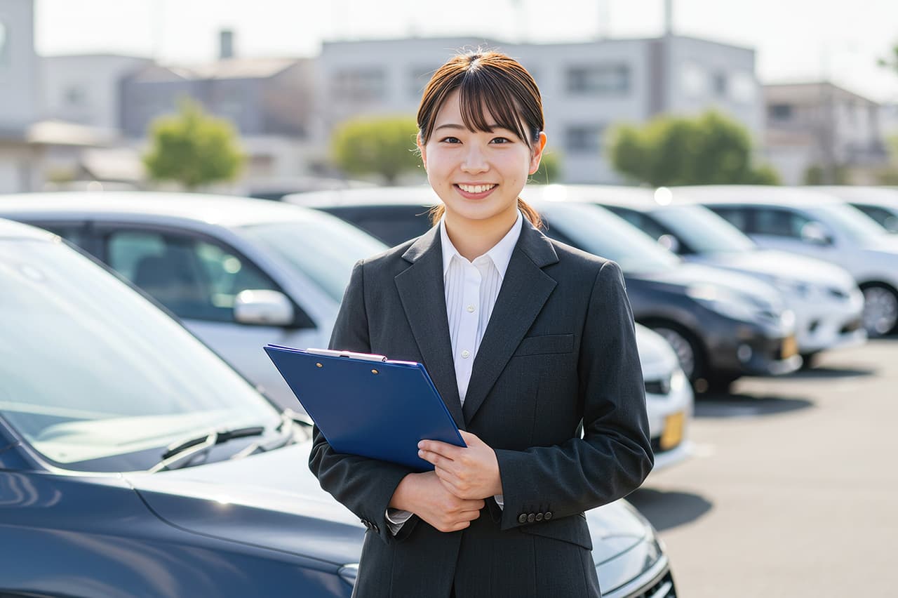 車の横でファイルを持ち笑顔の販売スタッフ