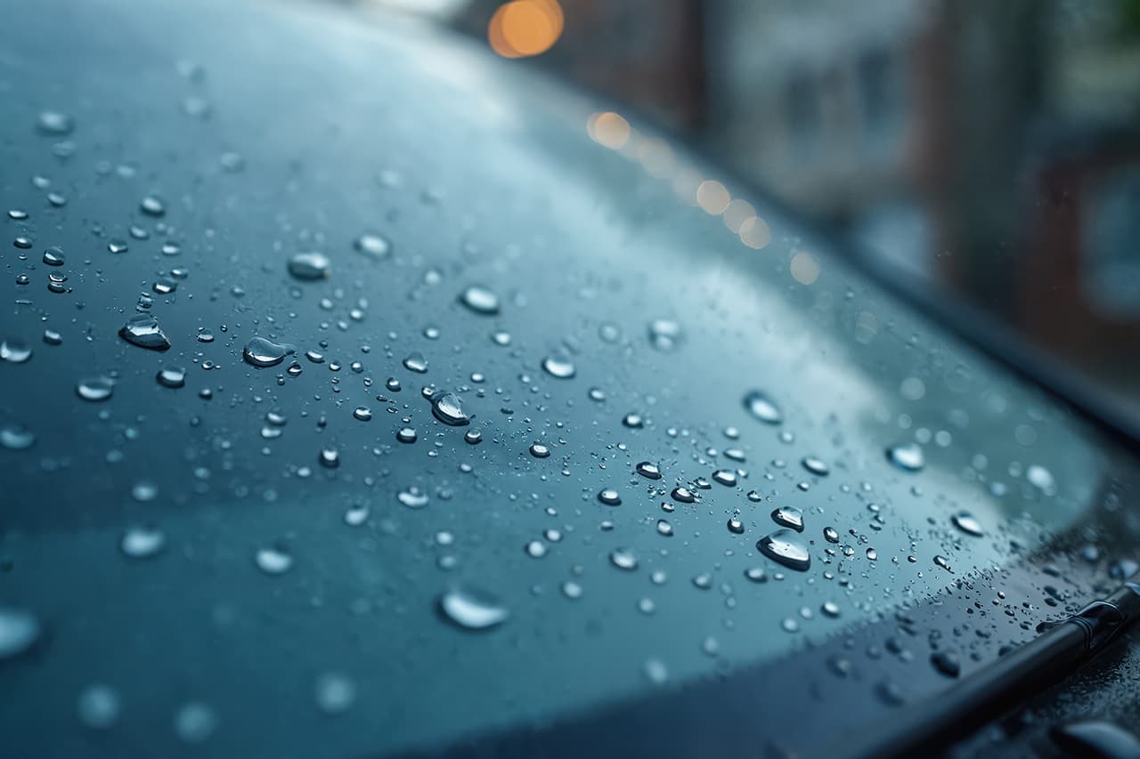 フロントガラスに水滴がある様子